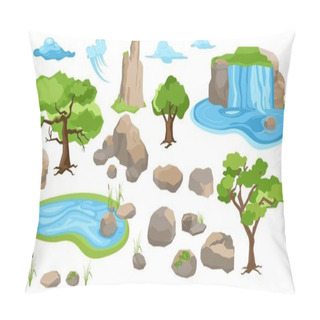 Personality  Forest Trees, Lake, Mountains And Stones, Peaks Of Clouds. Landscape Elements Isolated Set Of Vector Set Pillow Covers