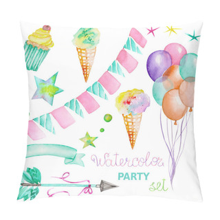 Personality  Watercolor Party Set In The Form Of Garland Of The Flags, Ice Cream, Air Balloons, Arrow, Ribbon And Stars Pillow Covers
