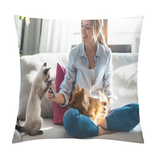Personality  Shot Of Beautiful Young Woman Playing With Her Cute Dog And Cat While Using Mobile Phone Sitting On Couch In Living Room At Home. Pillow Covers