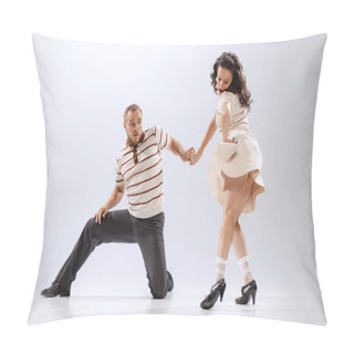 Personality  Rhythm And Expression. Energetic Dance Couple In Retro Style Outfits Dancing Lindy Hop, Jive Isolated On White Background. Timeless Traditions, 60s ,70s American Fashion Style. Emotions, Expressions Pillow Covers