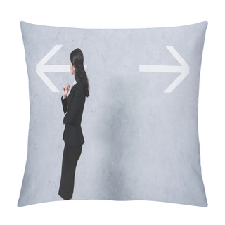 Personality  Thoughtful Businesswoman In Suit Looking At Arrows On Grey Pillow Covers