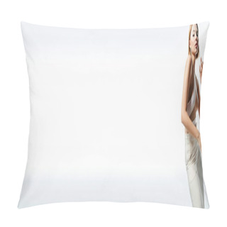 Personality  Sensual Woman With Angelic Face And Glowing Aura Posing On White Backdrop, Banner Pillow Covers