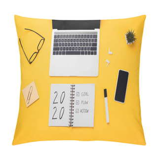 Personality  Notebook With 2020, Goal, Plan, Action Lettering Near Laptop, Smartphone, Wireless Earphones And Stationery On Yellow Desk Pillow Covers