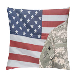 Personality  Cropped View Of Soldier In Military Uniform Near Flag Of America Pillow Covers