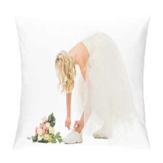 Personality  Beautiful Bride In Wedding Dress Tying Shoelaces On Sneakers Isolated On White Pillow Covers