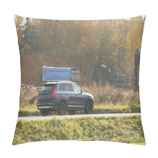 Personality  A Hybrid SUV Car Journeys Along A Scenic Road With Majestic Nature And A Golden Sunset In The Backdrop. Pillow Covers