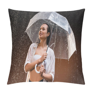 Personality  Smiling Woman In Wet Shirt With Transparent Umbrella Under Rain On Dark Background Pillow Covers