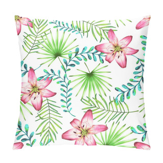 Personality  Tropical Floral Lilies And Palm Leaves Watercolor Seamless Pattern Pillow Covers