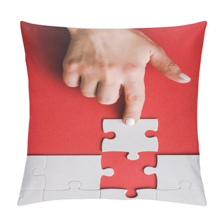 Personality  Top View Of Woman Pointing With Finger At Jigsaw Near Connected White Puzzle Pieces On Red Pillow Covers