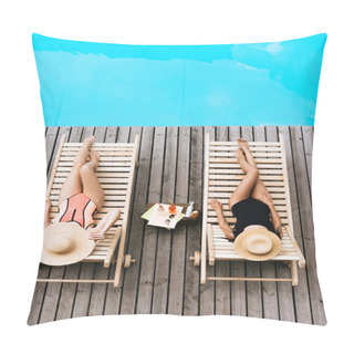 Personality  High Angle View Of Young Women In Swimwear And Hats Lying On Chaise Lounges Near Swimming Pool  Pillow Covers