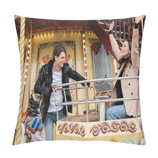 Personality  Cheerful Man In Trendy Outfit Looking At Happy Girlfriend With Raised Hands On Carousel In Amusement Park Pillow Covers