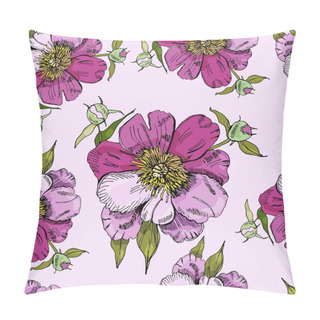 Personality  Seamless Pattern  With  Pink Flowers Of Peony. Hand Drawn Ink Sketch. Color Objects On  Pink  Background. Pillow Covers