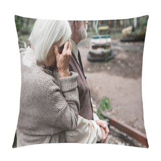 Personality  PRIPYAT, UKRAINE - AUGUST 15, 2019: Cropped View Of Senior Man Standing With Frustrated Wife Near Amusement Park In Chernobyl  Pillow Covers