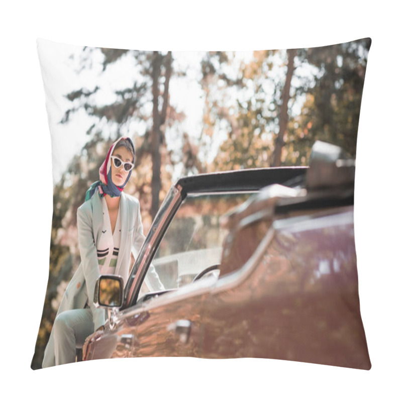 Personality  Stylish woman sitting on car on blurred foreground outdoors  pillow covers