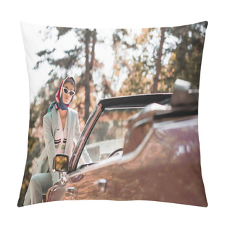 Personality  Stylish Woman Sitting On Car On Blurred Foreground Outdoors  Pillow Covers