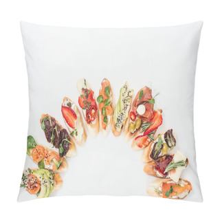 Personality  Top View Of Delicious Traditional Italian Bruschetta With Prosciutto, Salmon, Fruits, Vegetables And Herbs On White Pillow Covers