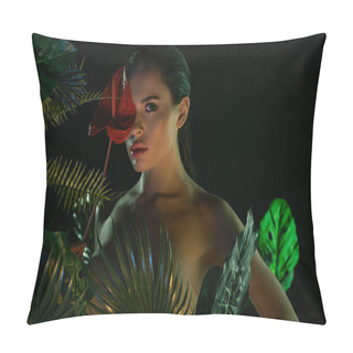 Personality  Sexy Girl Near Leaves Covering Face With Red Anthurium And Looking At Camera Isolated On Black Pillow Covers
