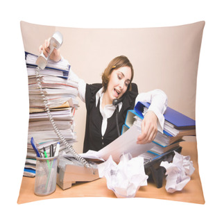 Personality  Young Businesswoman With Tons Of Documents Pillow Covers