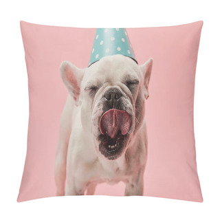 Personality  French Bulldog In Blue Birthday Cap With Closed Eyes On Pink Background Pillow Covers
