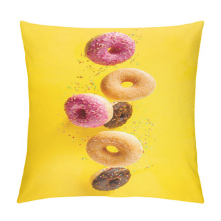 Personality  Various Decorated Doughnuts With Sprinkles In Motion Falling On Yelloy Background Pillow Covers