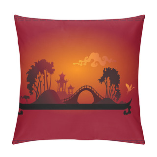 Personality  Abstract Japanese Landscape With Trees, Building And Birds Pillow Covers