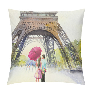 Personality  Paris European City Landscape. France, Eiffel Tower And Lovers Man And Women, Pink Umbrella, Flower Garden Trees. Watercolor Painting Illustration, Wedding, Valentine Day, Greeting With Advertising. Pillow Covers