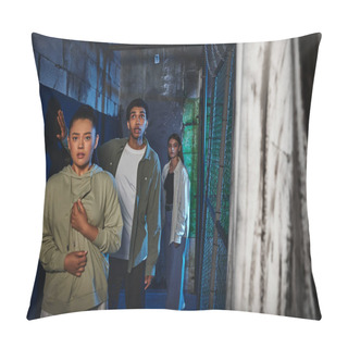 Personality  Young And Interracial Friends Walking Through Secret Passage In Quest Room, Adventure And Mystery Pillow Covers