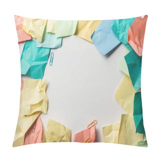 Personality  Top View Of Colorful Papers Near Paper Clips On White Background Pillow Covers
