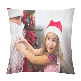 Personality  Little Girl In Santa Hat On Santa's Lap Near Christmas Tree In Christmas Decor. Shows A Box With A Gift, A Soft Toy, Touches His Beard And Laughs. New Year, Russian Grandfather Frost Pillow Covers