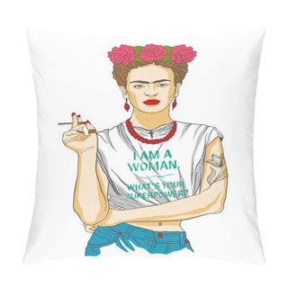 Personality  Magdalena Carmen Frida Kahlo Y Calderon (6 July 1907  13 July 1954), Usually Known As Frida Kahlo, Was A Mexican Painter. She Was Married To Diego Rivera, Also A Well-known Painter. Vector Illustrati Pillow Covers