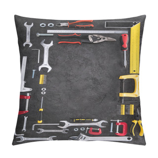 Personality  Top View Of Set Of Various Work Tools On Black Pillow Covers