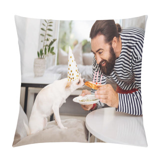 Personality  Dark-haired Man Feeling Emotional Celebrating Birthday Of His Pet Pillow Covers