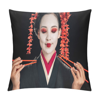 Personality  Smiling Beautiful Geisha In Black Kimono With Red Flowers In Hair And Closed Eyes Holding Chopsticks Isolated On Black Pillow Covers