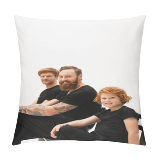 Personality  Happy Redhead Boy Sitting Near Bearded Tattooed Granddad And Father Isolated On Grey Pillow Covers
