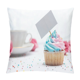 Personality  Selective Focus Of Delicious Cupcake Decorated With Sprinkles And Blank Card Pillow Covers