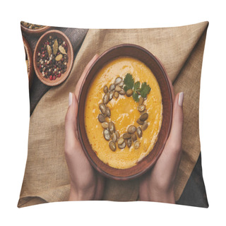Personality  Partial Top View Of Person Holding Bowl With Tasty Pumpkin Soup Above Sackcloth Pillow Covers