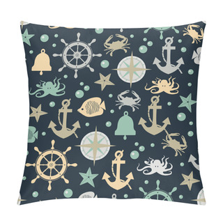 Personality  Seamless Vector Sea Pattern-vector Illustration. Anchors Steering Wheels, Marine Life, Compass. Pillow Covers