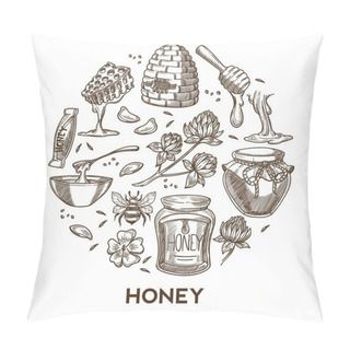 Personality  Beekeeping And Apiary Honey Products Tools Apiculture And Farming Vector Sketch Organic Food Beehive And Honeycomb Flower Pollen Bee And Clover Candy Bar And Preserved Jars Dipper Treat Or Dessert. Pillow Covers