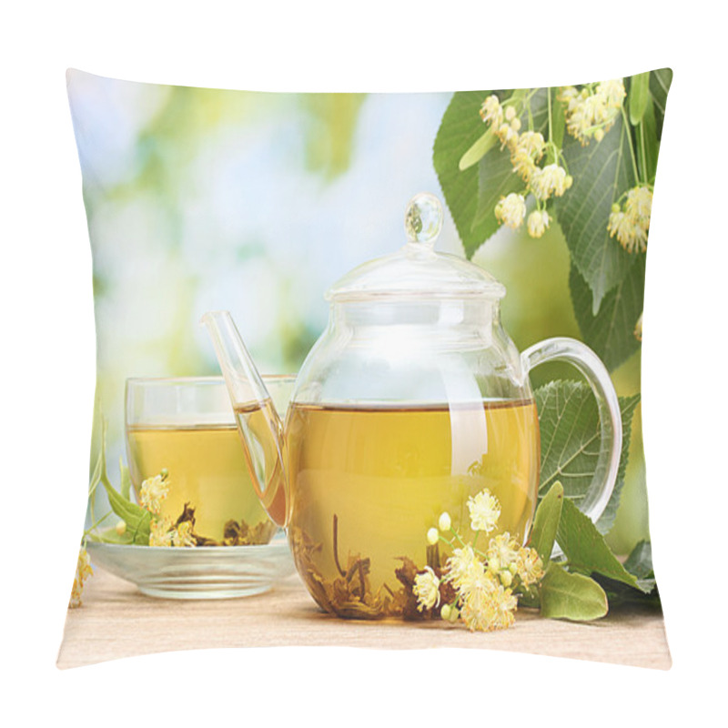 Personality  Teapot And Cup With Linden Tea And Flowers On Wooden Table In Garden Pillow Covers