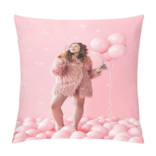 Personality  Young Pretty Woman Blowing Soap Bubbles On Pink Background With Balloons Pillow Covers