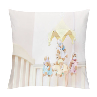 Personality  Close-up Baby Crib With Musical Animal Mobile At Nursery Room. Hanged Developing Toy With Plush Fluffy Animals. Happy Parenting And Childhood, Expectation Delivery Of A Child Concept. Pillow Covers