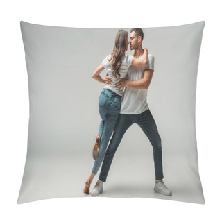 Personality  Dancers In T-shirts And Jeans Dancing Bachata On Grey Background  Pillow Covers