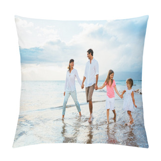 Personality  Happy Family Have Fun Walking On Beach At Sunset Pillow Covers