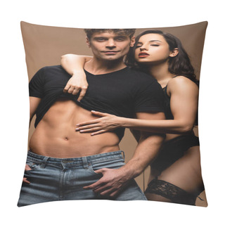 Personality  Beautiful Passionate Girlfriend In Black Lingerie Hugging Sexy Boyfriend Isolated On Beige  Pillow Covers