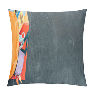 Personality  Horizontal Image Of Backpack With Multicolored School Supplies On Black Chalkboard, Top View Pillow Covers