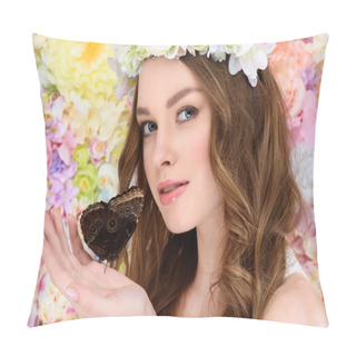 Personality  Beautiful Young Woman In Floral Wreath Holding Butterfly Pillow Covers