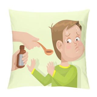 Personality  Child Does Not Want To Drink The Medicine. Vector Flat Illustration Pillow Covers