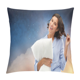 Personality  Happy Woman In Pajama With Pillow Over Night Sky Pillow Covers