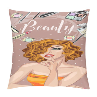 Personality  Beautiful Pin-up Style Sexy Woman With Red Hair Dreaming About Beauty Products For Makeup. Beauty And Fashion Industry Advertising Vertical Banner Vector Illustration Pillow Covers