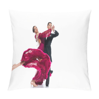 Personality  Elegant Young Couple Of Ballroom Dancers In Red Dress In Suit Dancing On White Pillow Covers